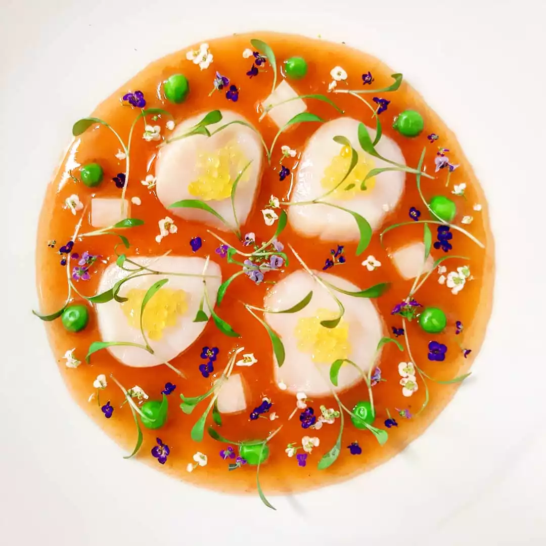 création à base de saint jaques et d'une gelée orange par le chef privé thierry pszonka