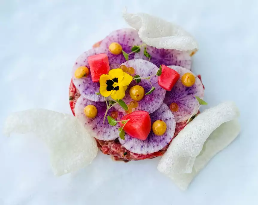 entrée autour des radis, de la viande cru et de la feuille de riz par le chef franck gamard