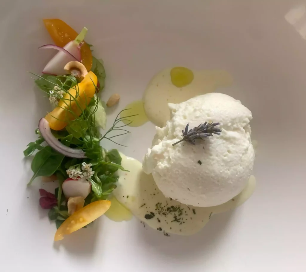 mousse de ricotta avec des crudités et de la salade
