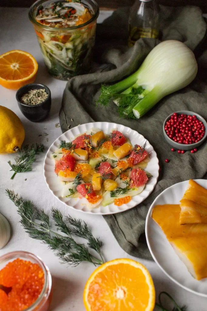 entrée composée de haddock, fenouil et agrume confectionnée par la cheffe privée virginie legrand