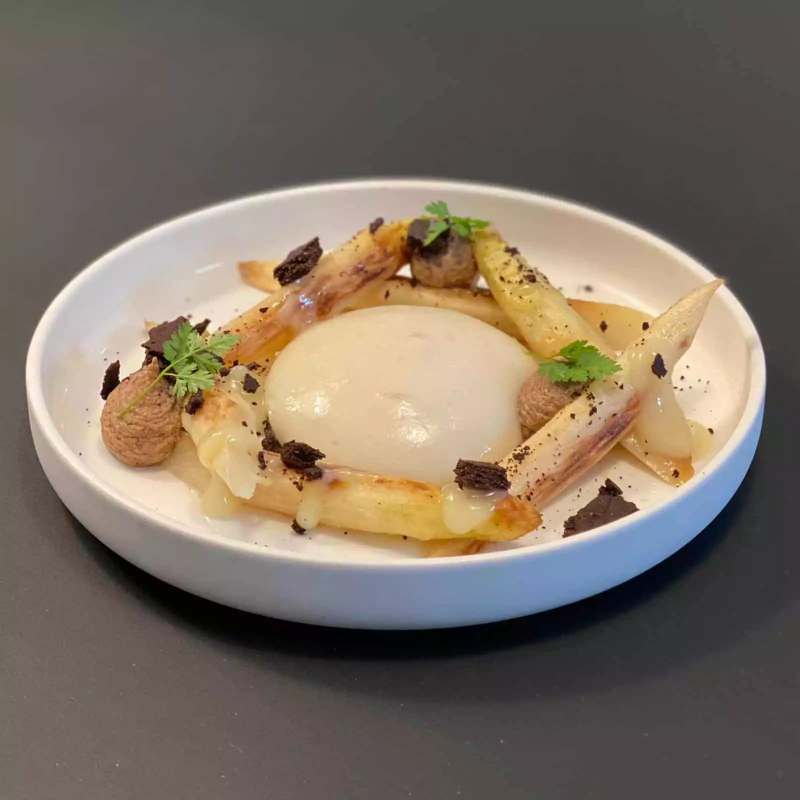 White asparagus and slow-cooked egg starter by Chef Eric Chirat