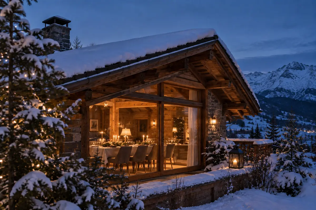 Chalet enneigé illuminé un soir de réveillon, table de fête dressée derrière la baie vitrée