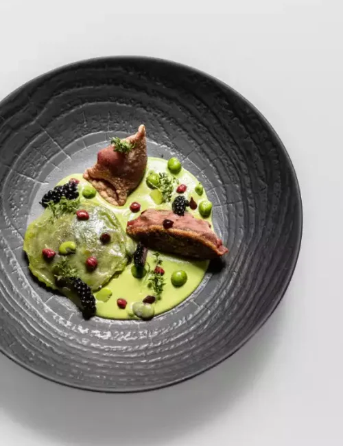 Plat autour du pigeon et des petits pois réalisé par le Chef Tomas makoul