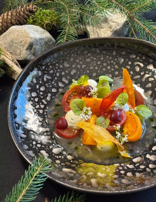 Une entrée estivale aux tomates et à la brousse servi à la table dans le cadre d'un anniversaire privé par le chef ilan dernaucourt