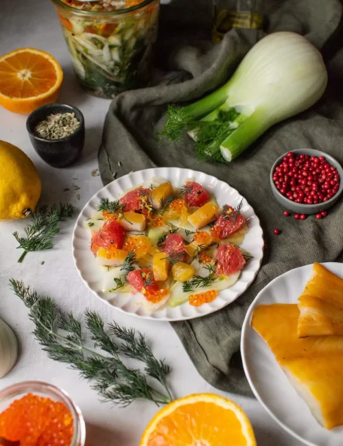 entrée composée de haddock, fenouil et agrume confectionnée par la cheffe privée virginie legrand